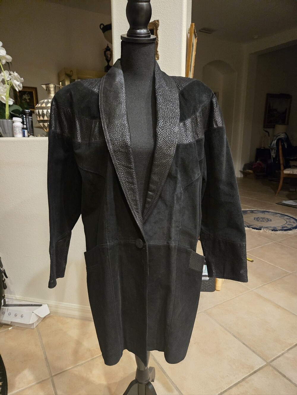 Vintage Avanti Black Suede Leathet Long Jacket with 1 Button Closure